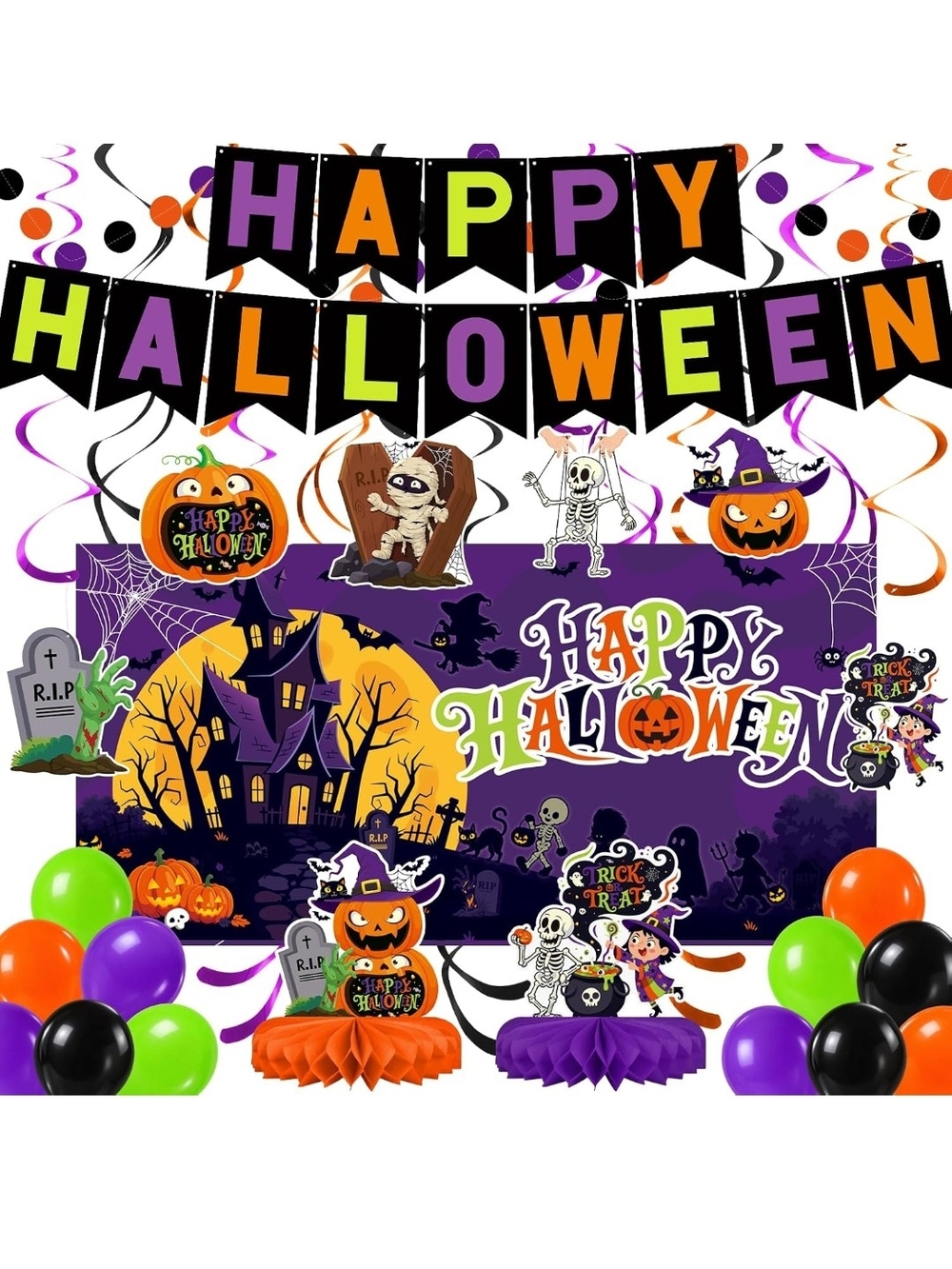 Happy Halloween Party Decorations Set - Black, Orange, Purple, Green